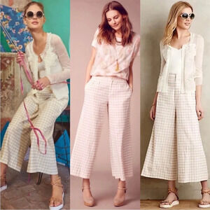 Anthropologie Pants Women's 6 Elevenses Windowpane Culottes Linen Blend Coastal